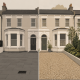 Split view of a paved front driveway and a greener alternative with gravel and a raised planted border.