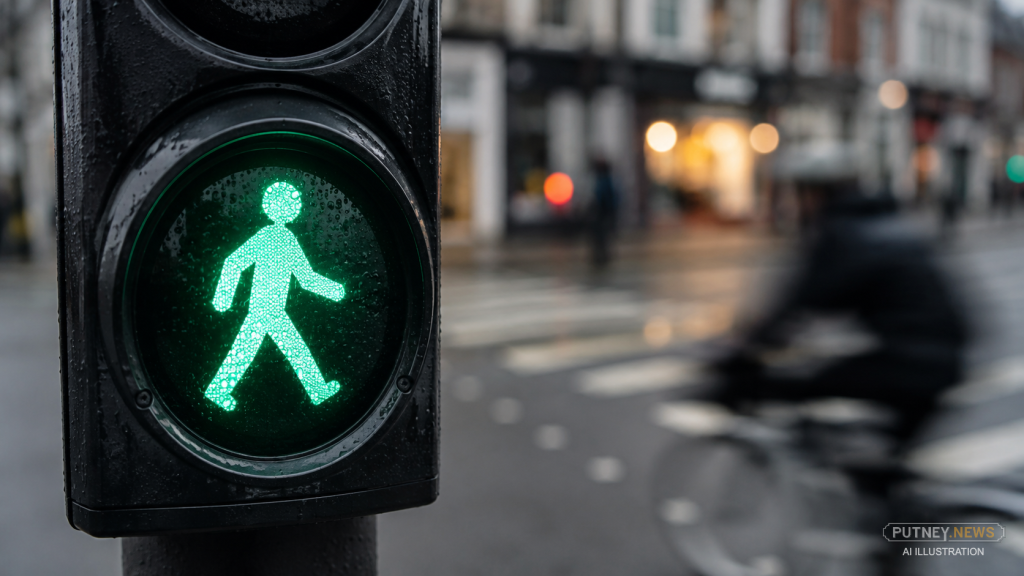Green pedestrian crossing signal as a cyclist speeds through the wet high street behind it.
