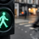 Green pedestrian crossing signal as a cyclist speeds through the wet high street behind it.