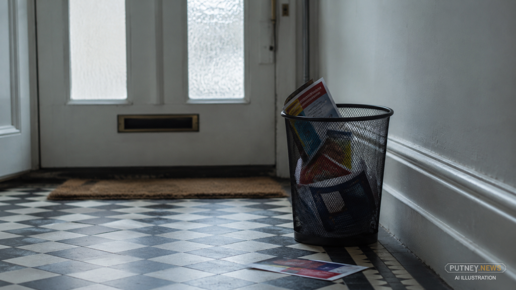 Wire wastepaper basket filled with discarded political leaflets beside the front door of a Victorian terraced house