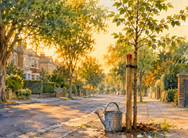 Young street tree supported by a red-marked wooden stake, with a metal watering can at its base on a leafy British residential street.