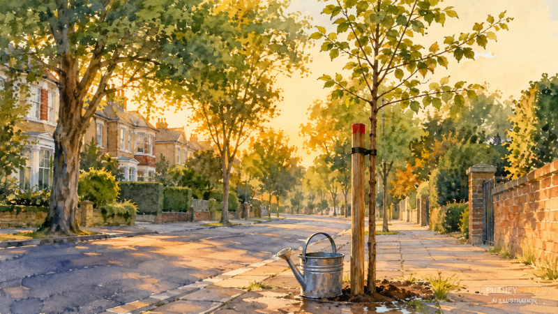Young street tree supported by a red-marked wooden stake, with a metal watering can at its base on a leafy British residential street.