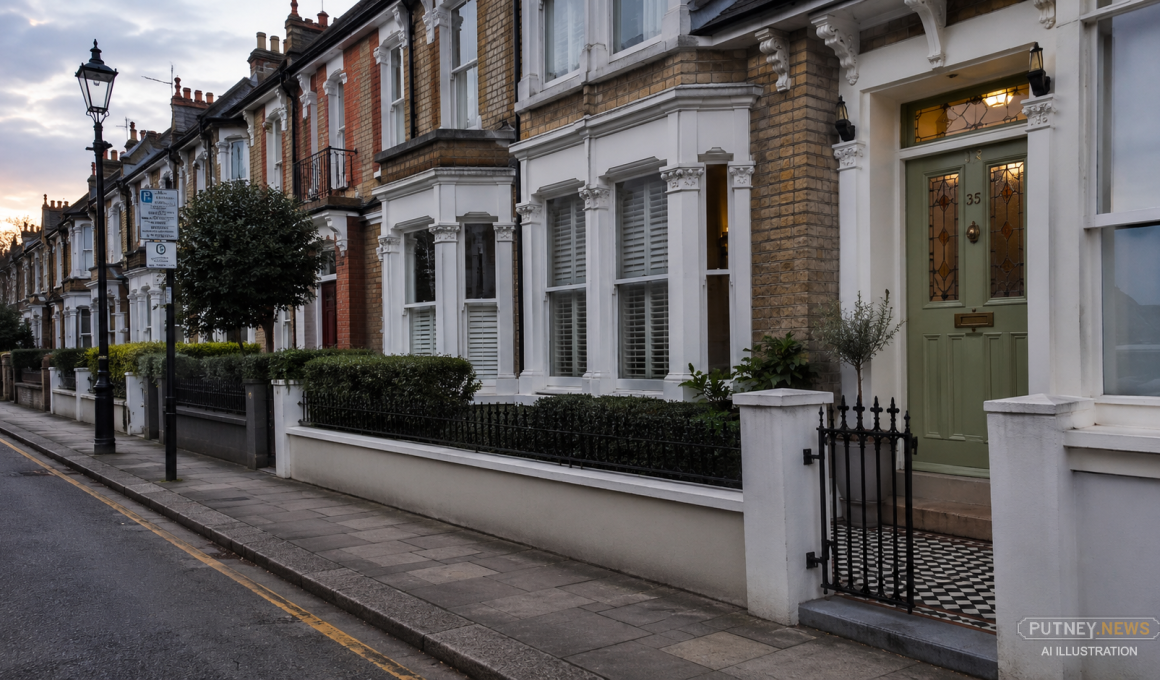 Quiet Victorian terraced street in Putney at dusk with the front door of a house closed.