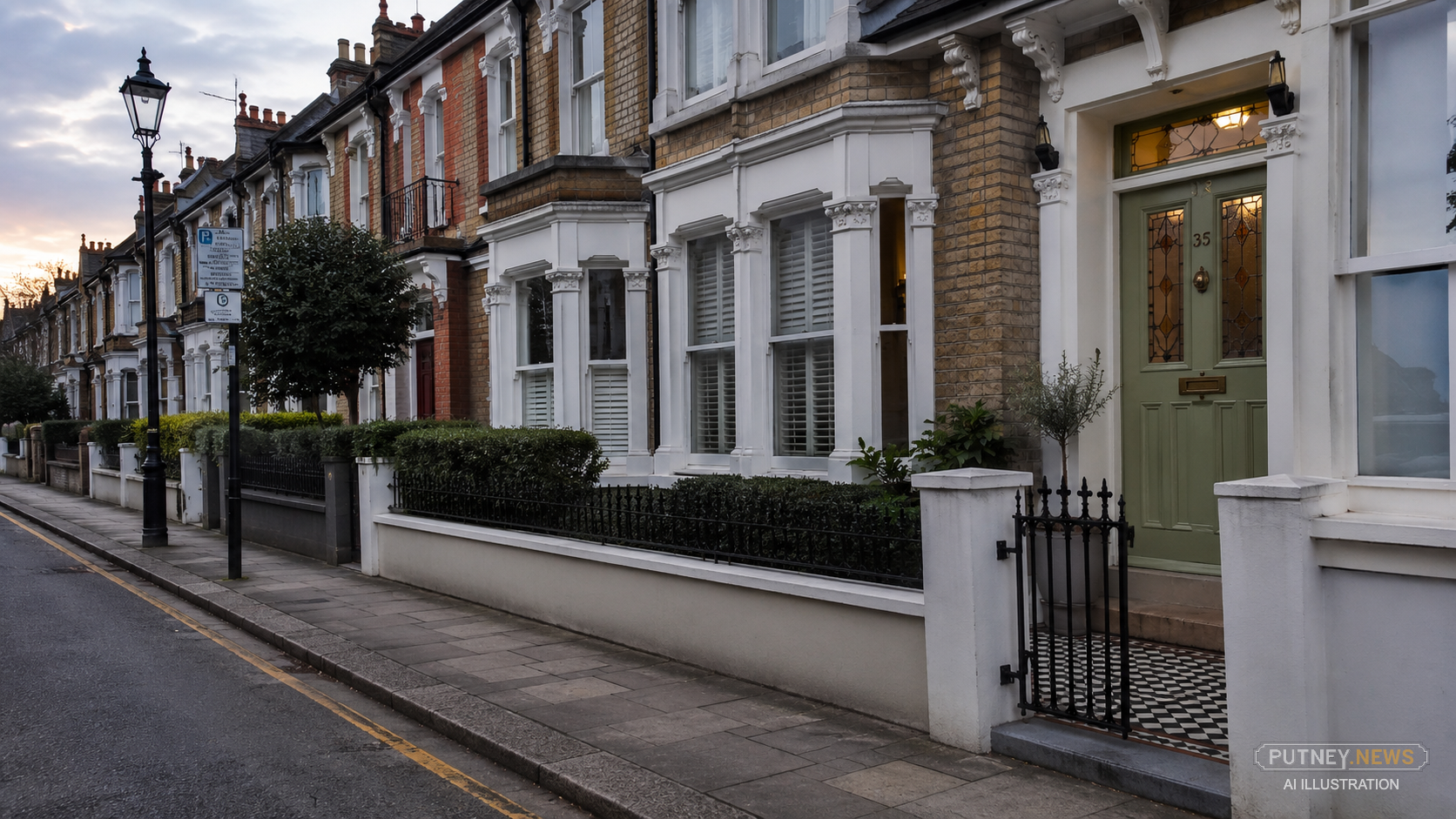 Quiet Victorian terraced street in Putney at dusk with the front door of a house closed.