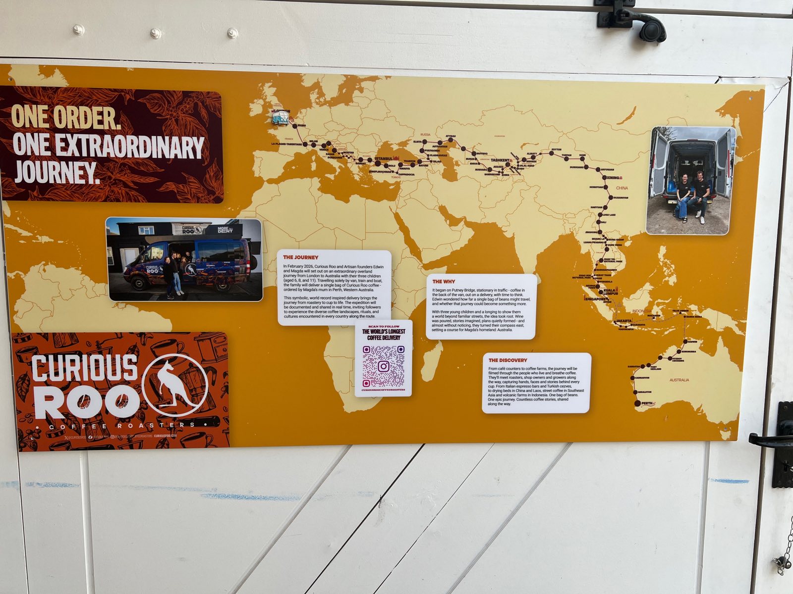 Wall map headed One Order. One Extraordinary Journey, tracing a route from London to Australia