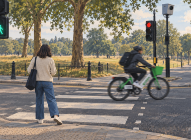 Pedestrian steps back as an electric hire bike rides through a red light across a London pedestrian crossing