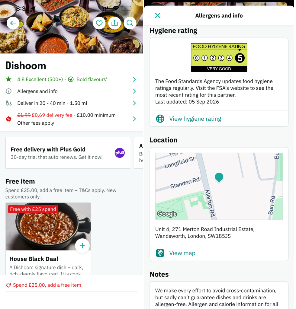 Dishoom on Deliveroo: Unit 4, 271 Merton Road Industrial Estate. Disclosed, rated 5, and a long way from Bombay.