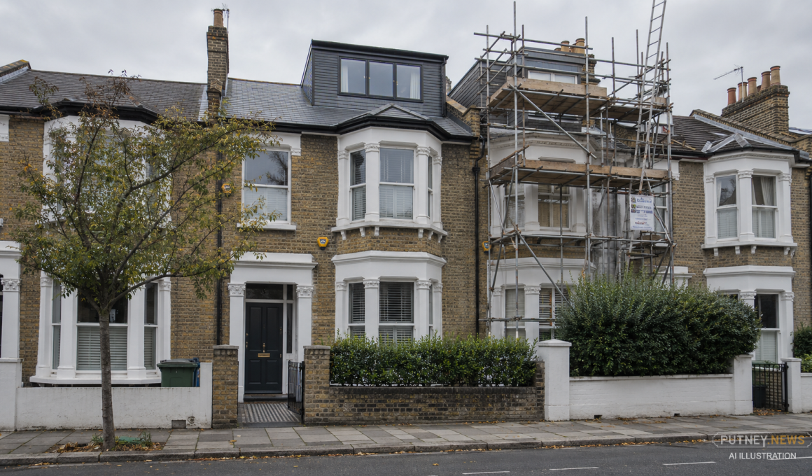 Victorian terraced houses on a quiet southwest London street, with a loft dormer extension and scaffolding covering one property beneath an overcast sky.
