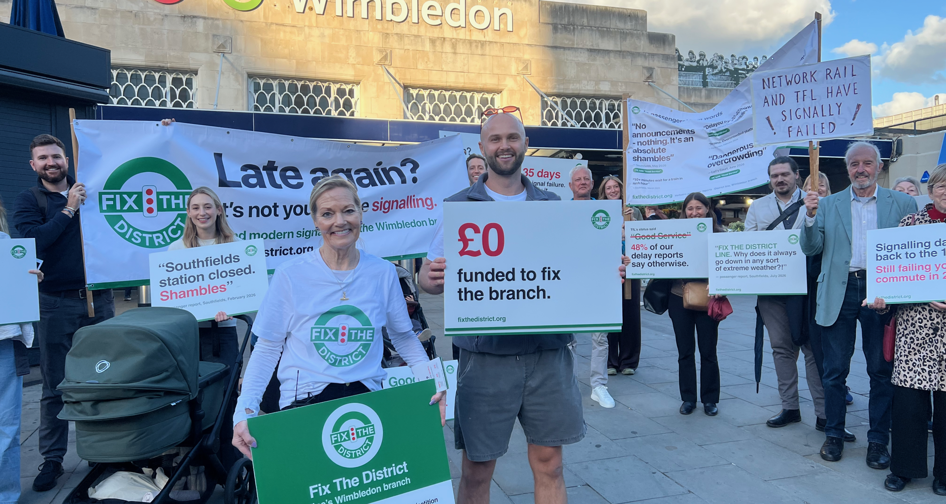 Fix the District protestors outside Wimbledon station, September 2026