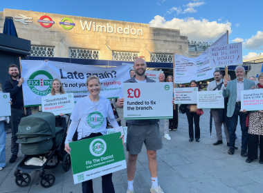 Fix the District protestors outside Wimbledon station, September 2026
