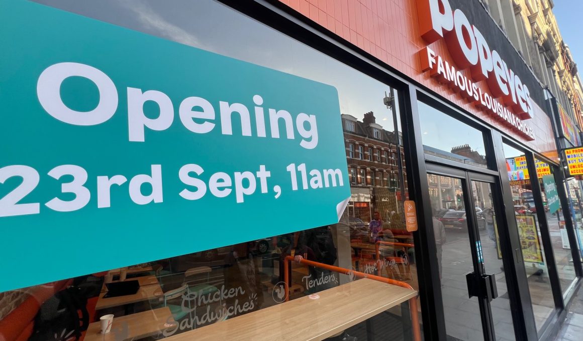 Popeye's opening sign on Putney High Street