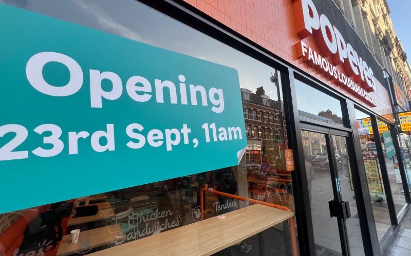 Popeye's opening sign on Putney High Street
