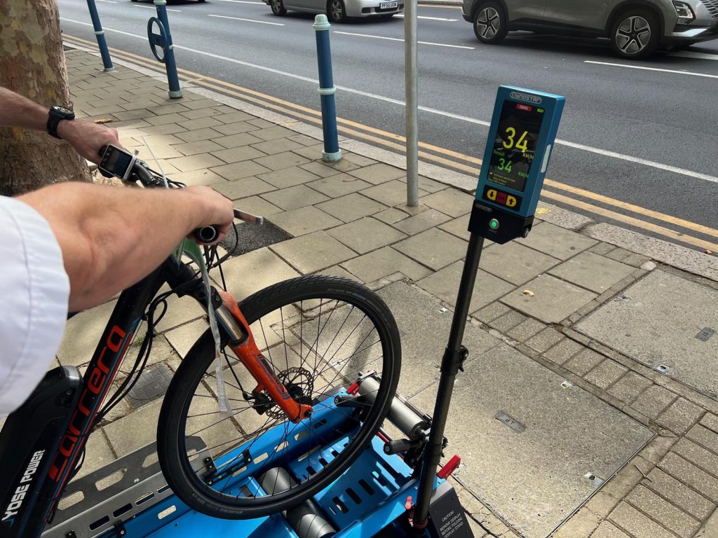 The rolling road's readout: 34km/h, about 21mph. The legal limit is 25km/h. Pic: Putney.news