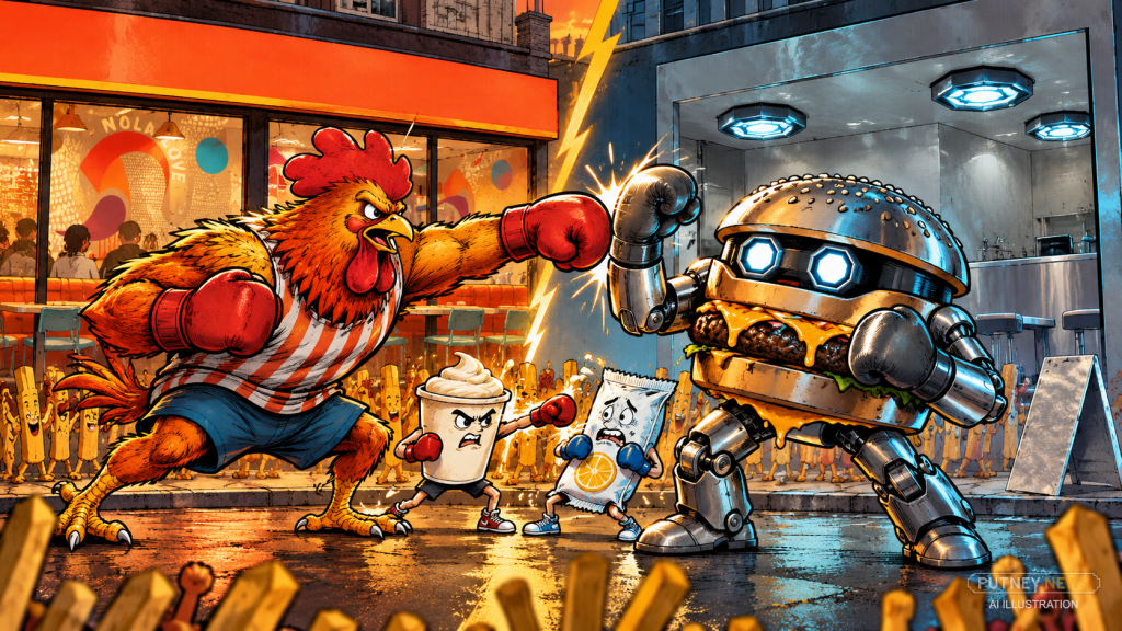 Rooster boxer throws a punch at a steel burger robot outside two contrasting Putney restaurants, while garlic mayo and a wet wipe stage a comic undercard bout between them
