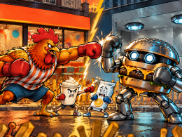 Rooster boxer throws a punch at a steel burger robot outside two contrasting Putney restaurants, while garlic mayo and a wet wipe stage a comic undercard bout between them