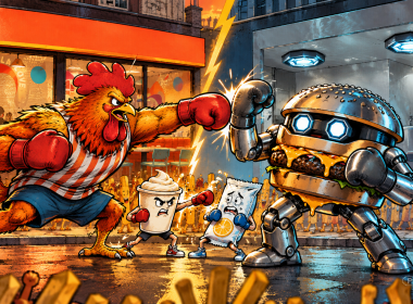 Rooster boxer throws a punch at a steel burger robot outside two contrasting Putney restaurants, while garlic mayo and a wet wipe stage a comic undercard bout between them