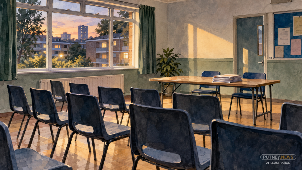 Watercolour illustration of an empty community clubroom on a London council estate, with rows of plastic chairs facing a trestle table stacked with meeting papers and post-war housing visible through the windows at sunset.