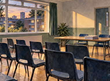 Watercolour illustration of an empty community clubroom on a London council estate, with rows of plastic chairs facing a trestle table stacked with meeting papers and post-war housing visible through the windows at sunset.
