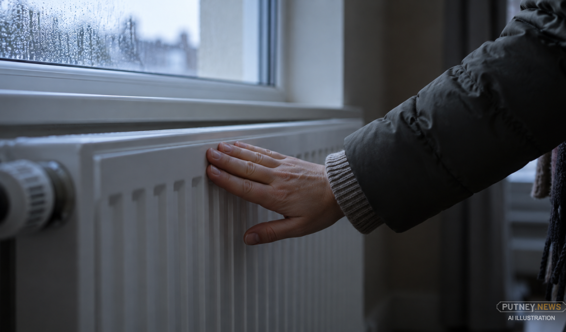 A hand in a coat sleeve pressed against a radiator, testing it for warmth