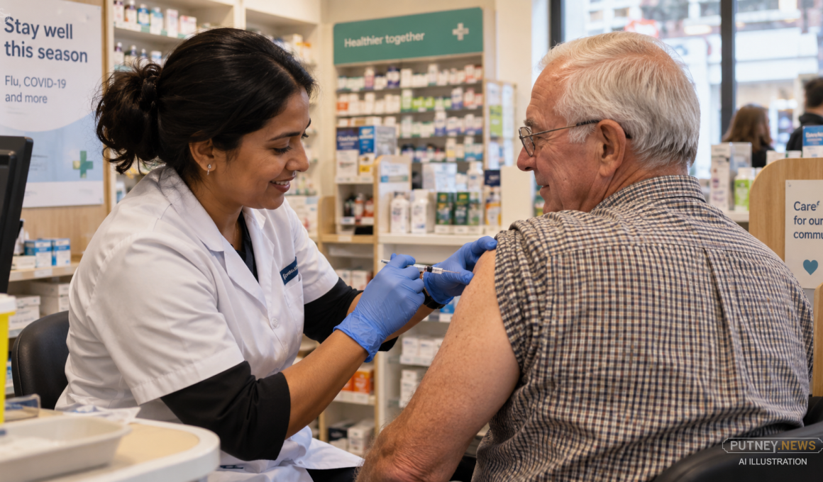 Pharmacist administering a vaccination to an older man in a neighbourhood pharmacy
