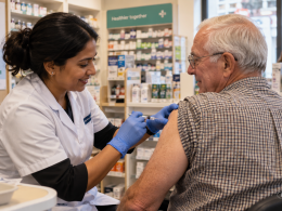 Pharmacist administering a vaccination to an older man in a neighbourhood pharmacy
