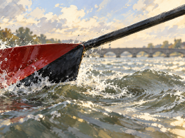 Crimson-and-black sculling oar blade biting into choppy river water, with Putney Bridge blurred in the distance.