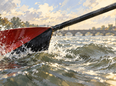 Crimson-and-black sculling oar blade biting into choppy river water, with Putney Bridge blurred in the distance.