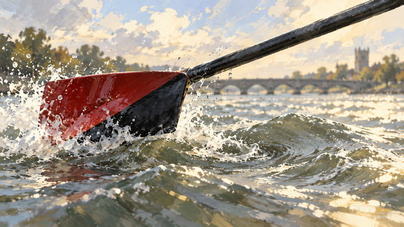 Crimson-and-black sculling oar blade biting into choppy river water, with Putney Bridge blurred in the distance.