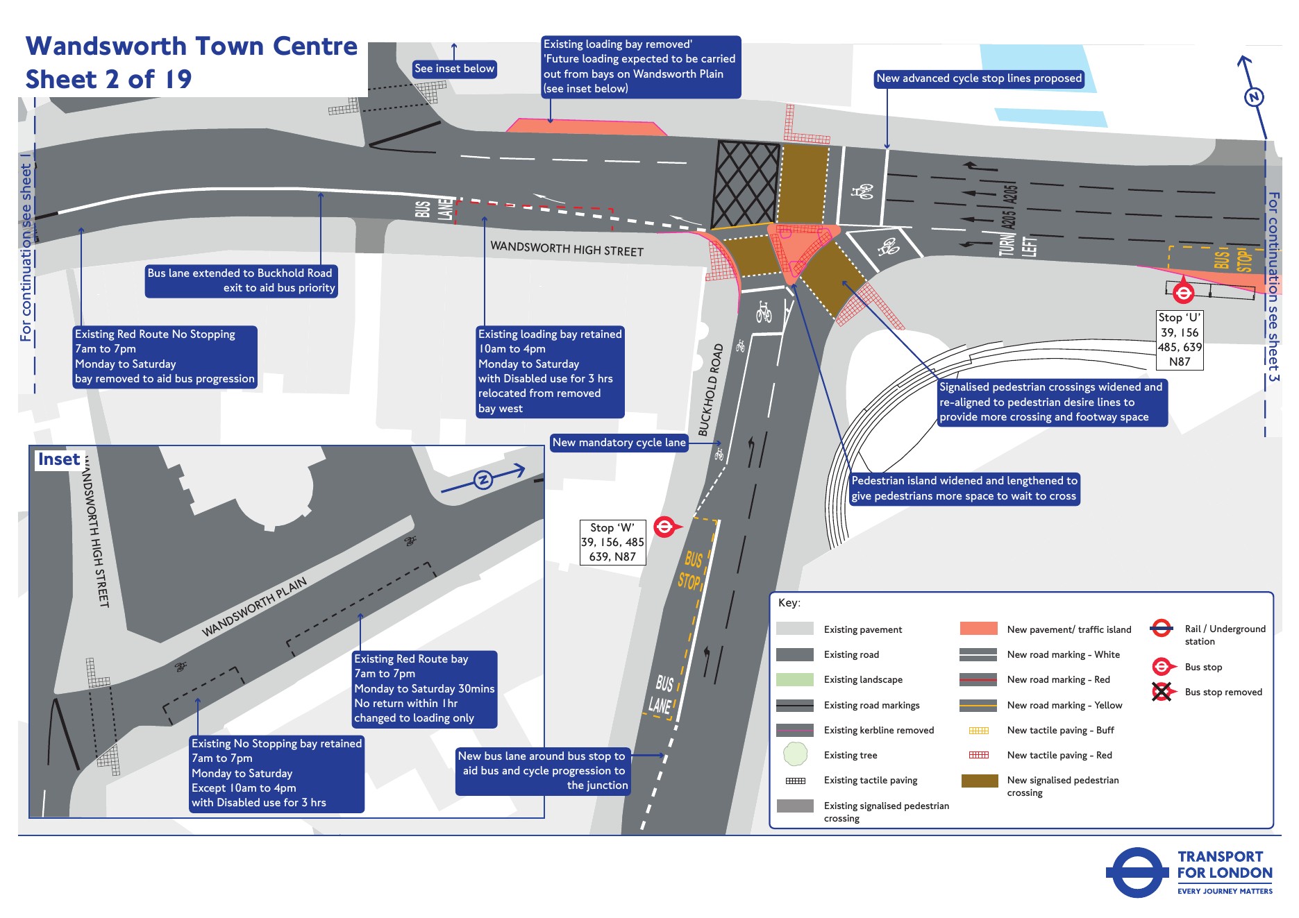 TfL plan of the Wandsworth High Street and Buckhold Road junction showing the extended bus lane, a new cycle lane, widened crossings and a removed loading bay