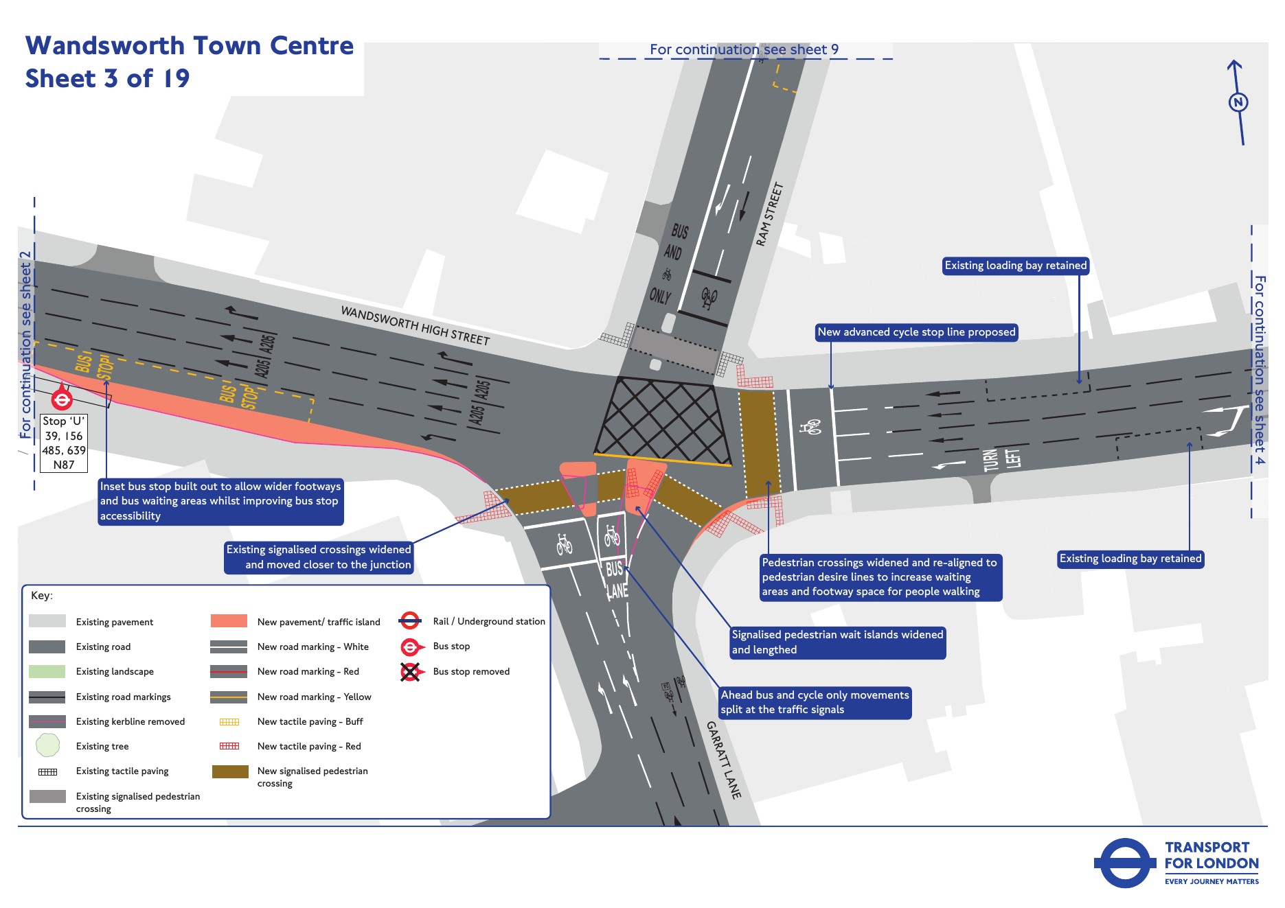 TfL plan of the Wandsworth High Street and Garratt Lane junction showing widened crossings and a built-out bus stop outside the King’s Arms