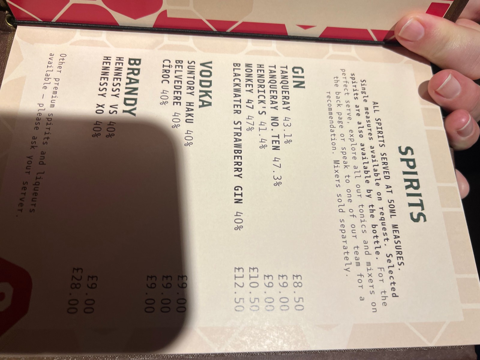 The Annie's Room spirits menu