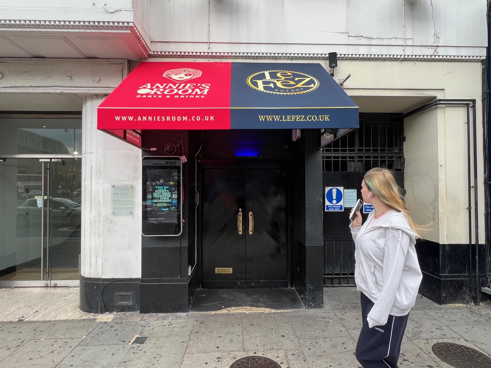 The entrance at 200 Upper Richmond Road, under an awning shared by Annie's Room and Le Fez