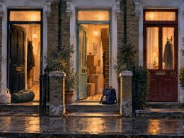 Three lit front doors on a wet London terrace: a sleeping bag on one step, packed boxes and a school bag at the next, a coat behind the third