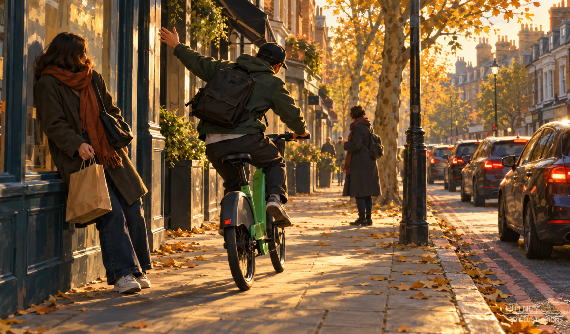Illustration of a cyclist riding a green electric hire bike along a London pavement, forcing a pedestrian to move against a shopfront to avoid him.