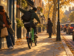 Illustration of a cyclist riding a green electric hire bike along a London pavement, forcing a pedestrian to move against a shopfront to avoid him.