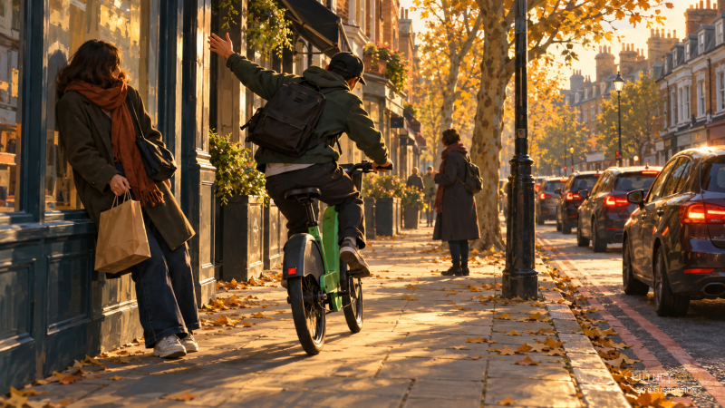 Illustration of a cyclist riding a green electric hire bike along a London pavement, forcing a pedestrian to move against a shopfront to avoid him.