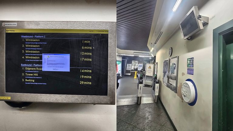 East Putney’s train-times screen is stuck behind an error box