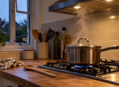 Stainless steel saucepan simmering over a blue gas flame on a kitchen hob, with steam rising beneath an extractor hood.