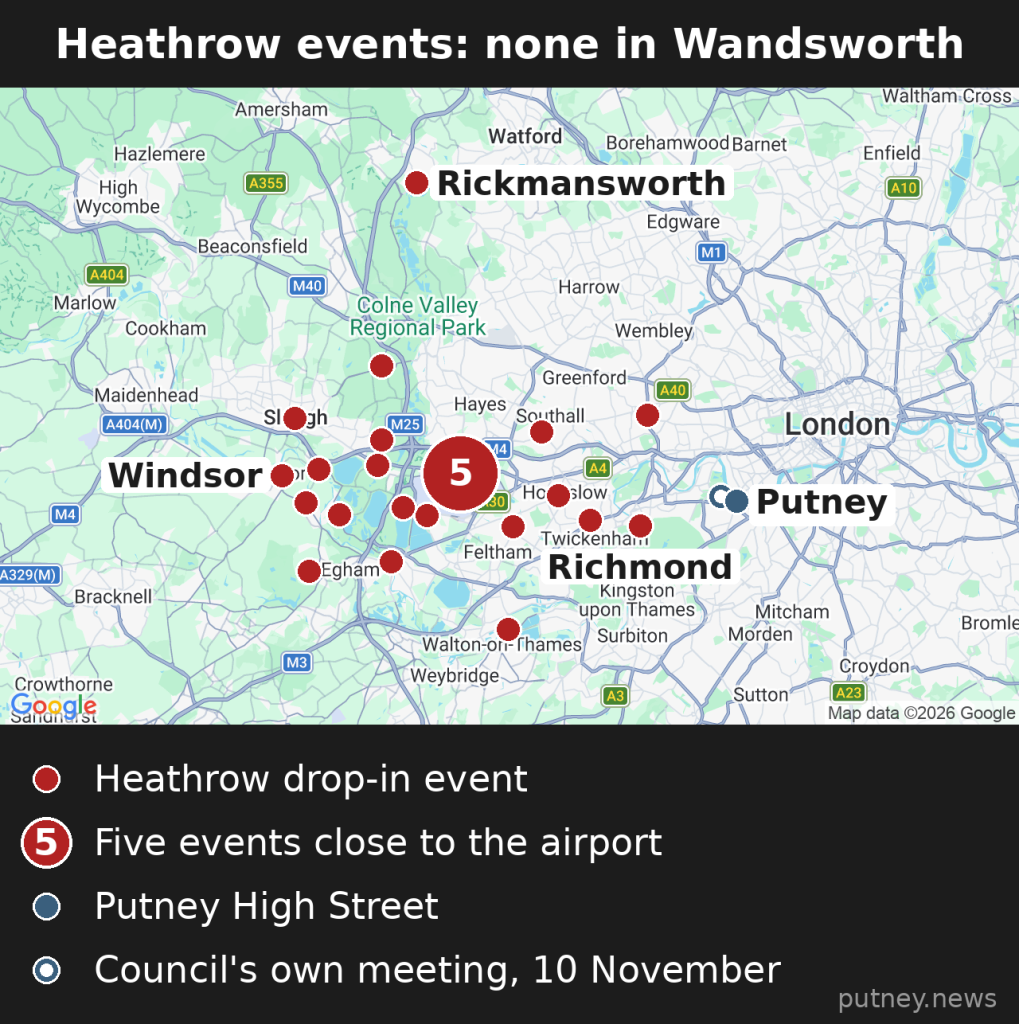 Map of west London and the Home Counties showing Heathrow's 25 consultation event venues, from Rickmansworth to Walton-on-Thames, with none in Wandsworth; Putney marked in blue