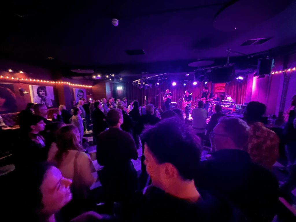 A standing crowd watching Paranohead on stage at the Half Moon under purple lights.