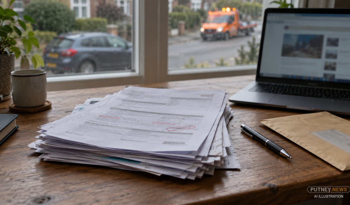 Stack of printed forms with red pen alterations on a desk beside a laptop, with a parked car and recovery van visible through the window.