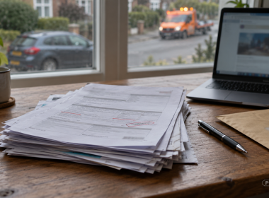 Stack of printed forms with red pen alterations on a desk beside a laptop, with a parked car and recovery van visible through the window.