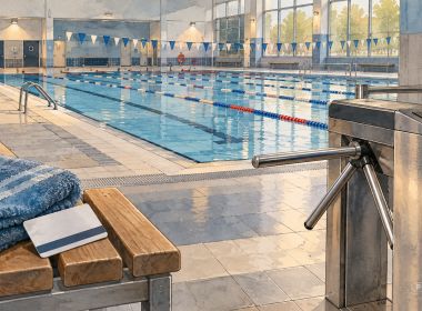 Empty public swimming pool with lane ropes, a membership card and folded towel on a poolside bench, and a closed turnstile in the foreground.